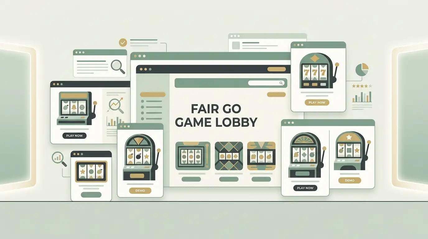Editorial illustration: image view for the Fair Go Casino game lobby showing RTG and SpinLogic pokies