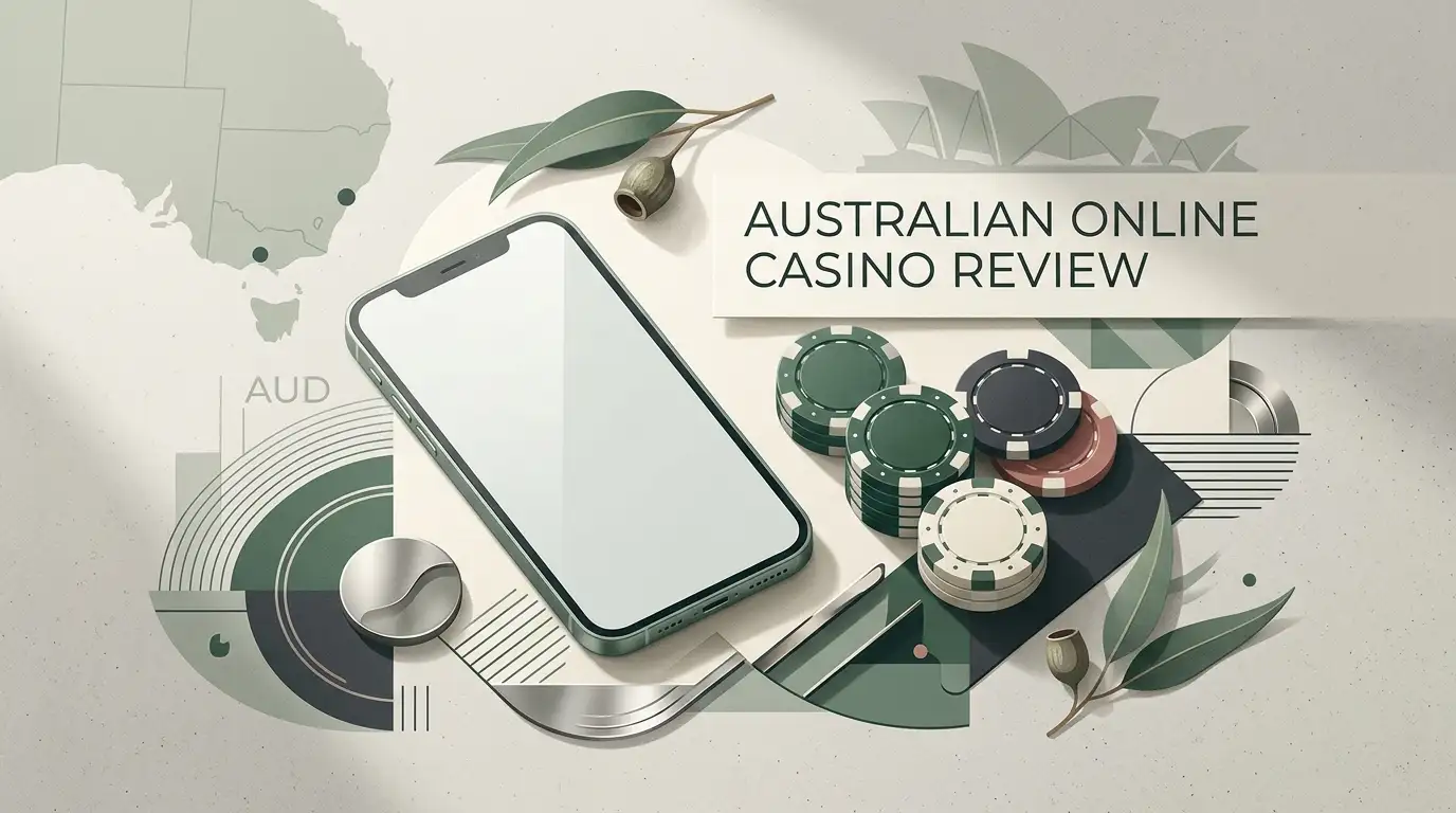 Editorial illustration representing an Australian online casino review with mobile and AUD cues