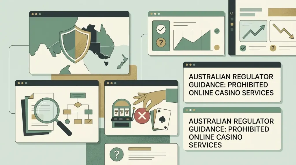 Editorial illustration: aCMA interactive gambling guidance showing Australian rules for online gambling services