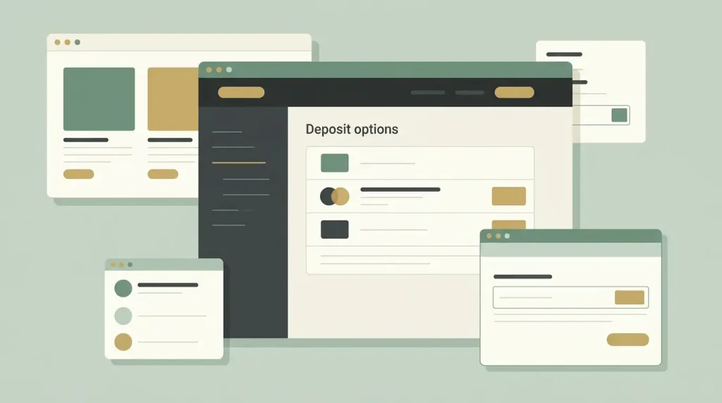 Editorial illustration: view of the current Fair Go Casino cashier or banking page showing payment options