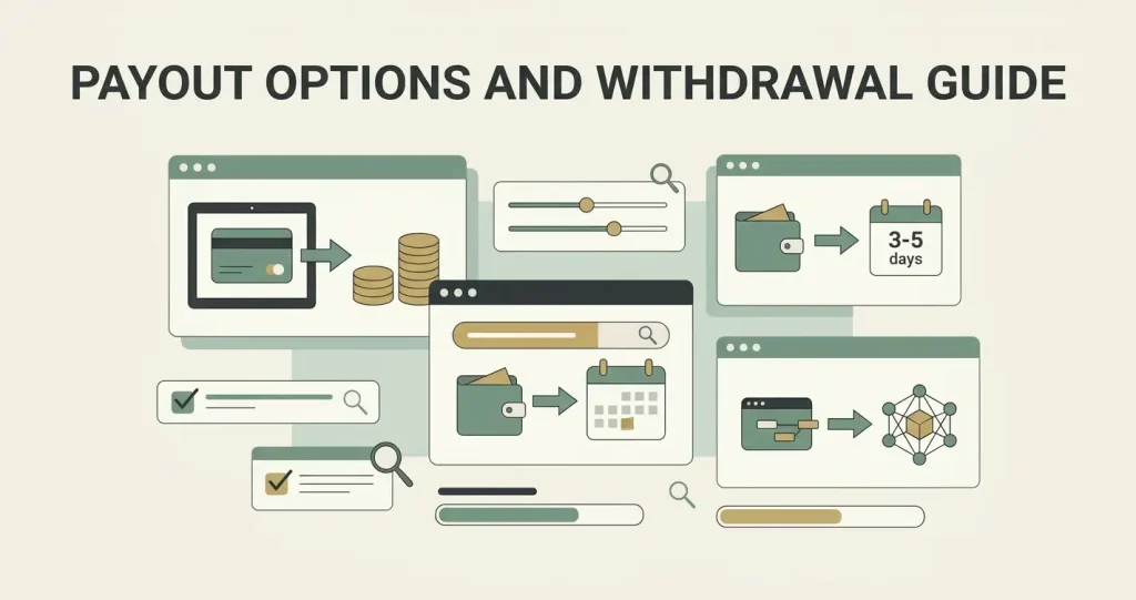 Editorial illustration: view of the Fair Go Casino cashier or withdrawal screen showing payout options